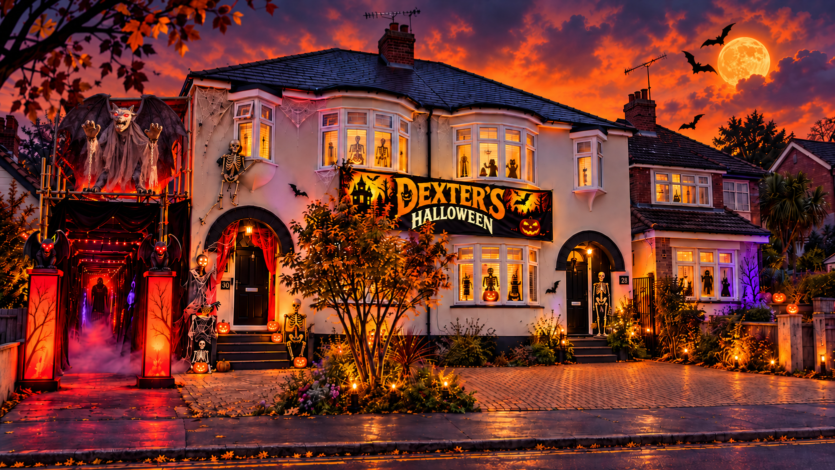 Illustration of 28 and 30 Queens Road at dusk, decorated for Halloween with a Dexter's Halloween banner and a gargoyle on the scaffolding