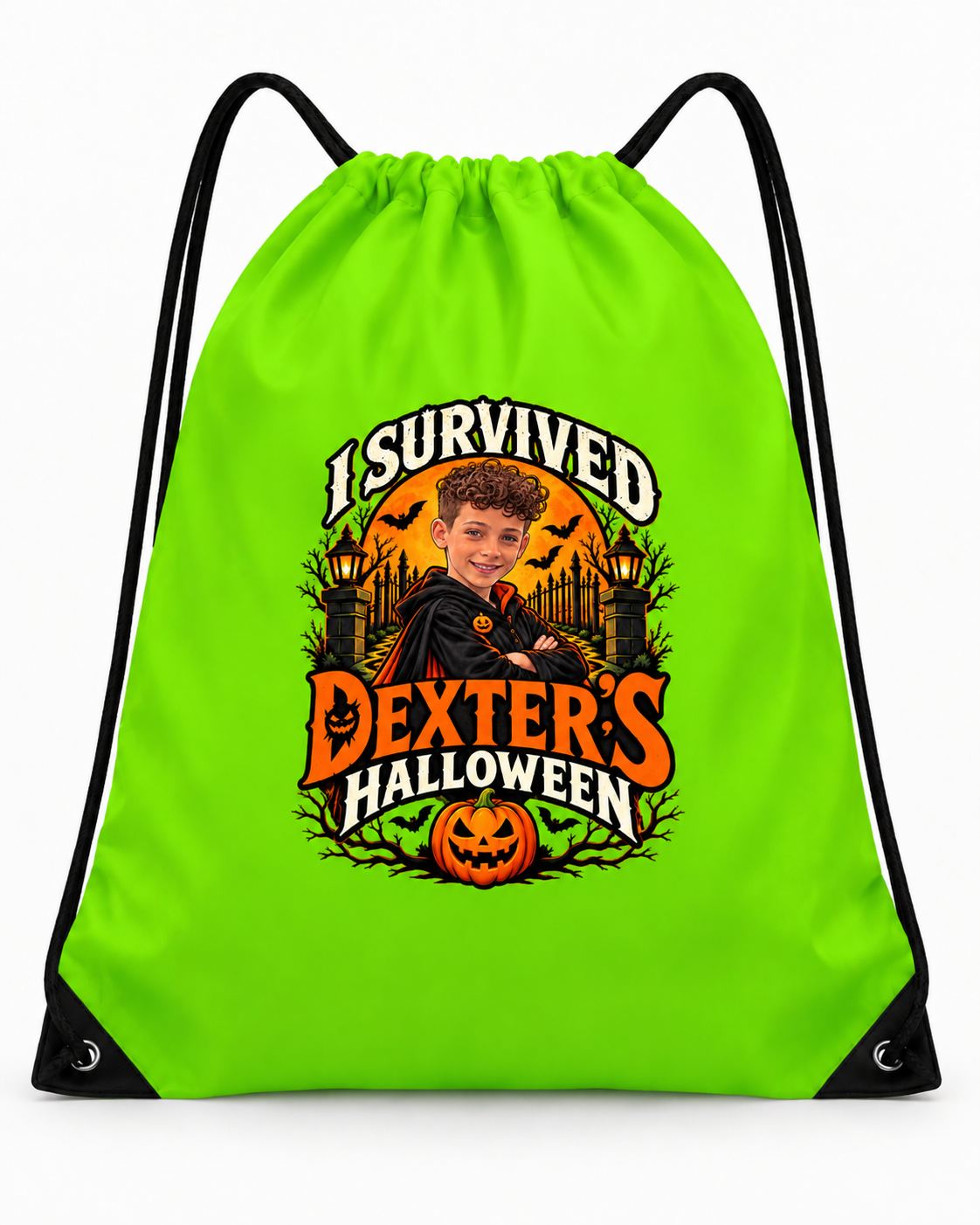 Neon green Dexter's Halloween drawstring bag with the 'I Survived Dexter's Halloween' artwork on the front