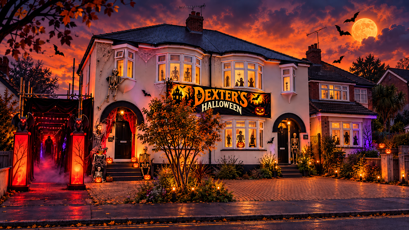 Illustration of 28 and 30 Queens Road at night, decorated for Halloween with a Dexter's Halloween banner on the bay window and scaffolding down the left alleyway